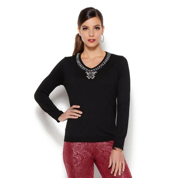 NEW! IMAN Jeweled Embellished "Touch of Cashmere" Sweater Tunic, Black - Picture 1 of 14
